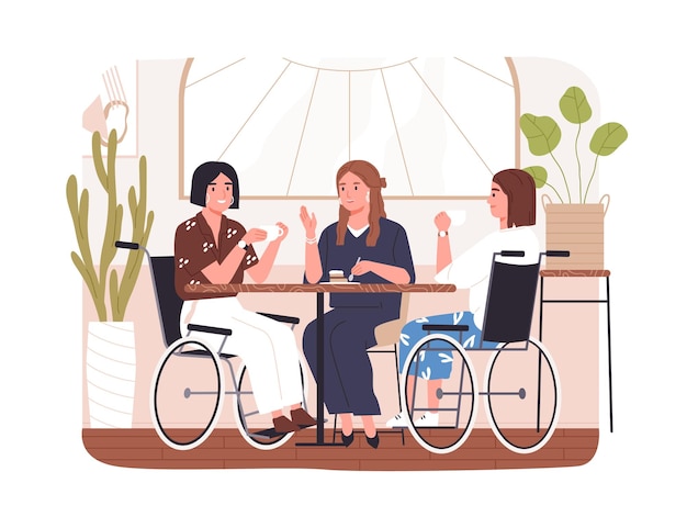 Gehandicapten in café. Concept van inclusie van rolstoelgebruikers. Diverse vrienden chatten aan tafel in de coffeeshop. Jonge moderne vrouwen in rolstoel. Platte vectorillustratie geïsoleerd op wit.