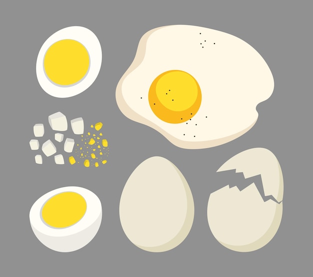 Geheel of gesneden gekookt ei en eierschalen vector illustraties set