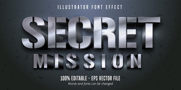 Vector geheime missie tekst, zilver metallic stijl bewerkbaar lettertype-effect