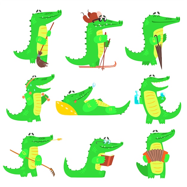 Gehumaniseerd krokodil karakter elke dag activiteiten Set van illustraties