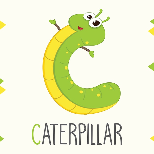 Geïllustreerde alfabetbrief C en Caterpillar