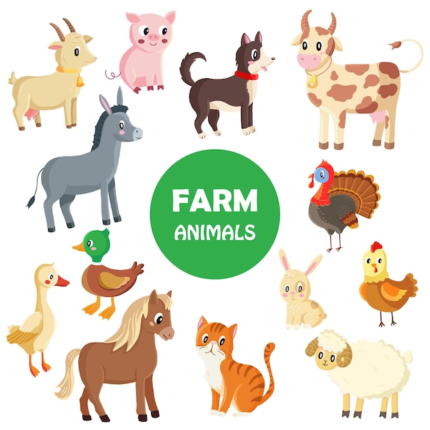 Geïllustreerde collectie van verschillende boerderijdieren op een witte achtergrond.