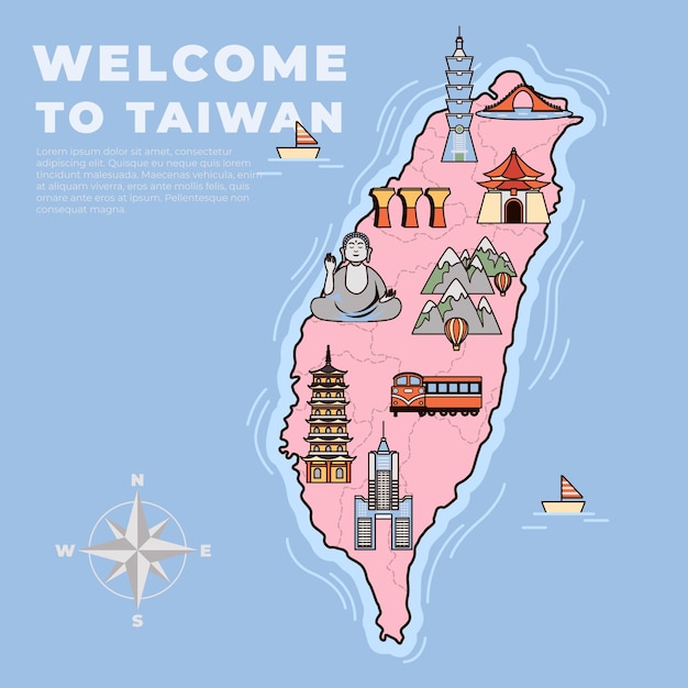 Geïllustreerde kaart van taiwan met verschillende bezienswaardigheden
