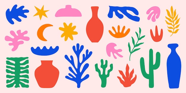 Geïnspireerde Matisse-set met kleurrijke snijorganische vormen en objecten