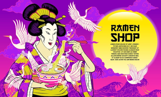 Sfondo geisha dipinto in stile giapponese nel concetto di ramen noodle shop