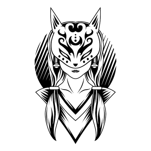 Geisha japan girl kitsune wolf mask modello di illustrazione vettoriale del logo fox in bianco e nero