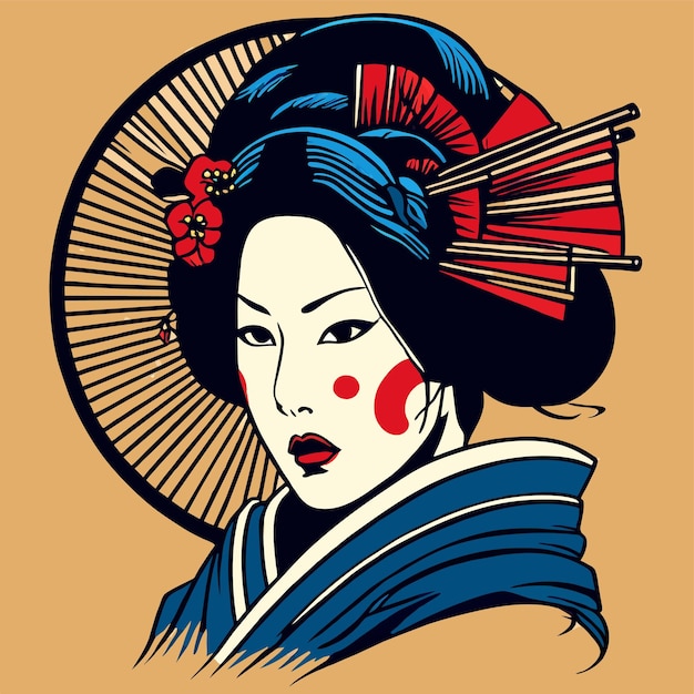 Geisha japan samurai girl hand drawn flat stylish cartoon sticker icon concept isolated illustration