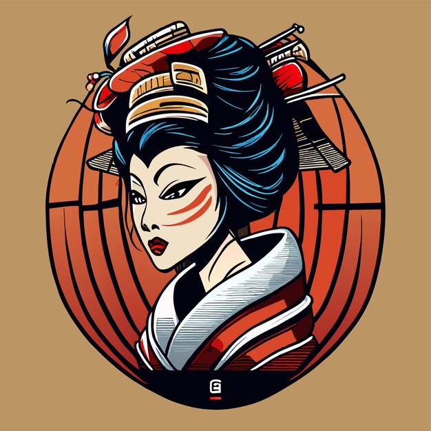 ベクトル ゲイシャ・サムライ・ガール (japanese geisha samurai girl) は日本のカートゥーン・アイコン・コンセプト・イラストレーションを手で描いた平らでスタイリッシュなアニメのステッカーアイコンです