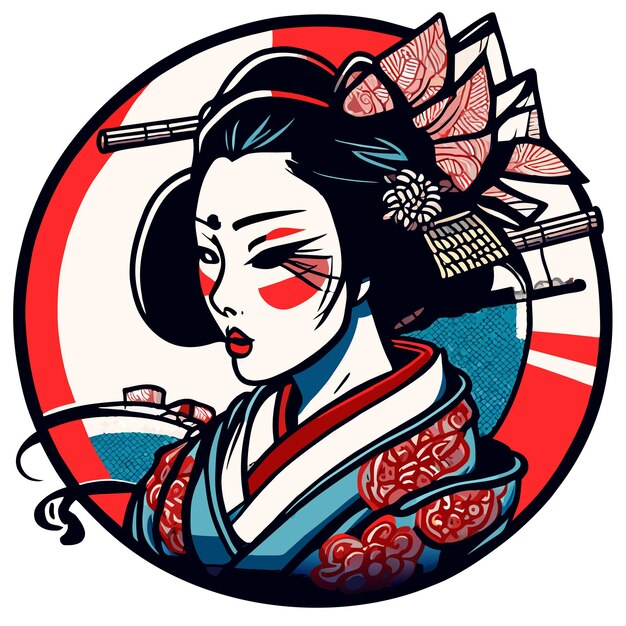 Гейша Япония Самурайская девушка ручной рисунок плоский стильный мультфильм наклейка икона концепция изолированная иллюстрация