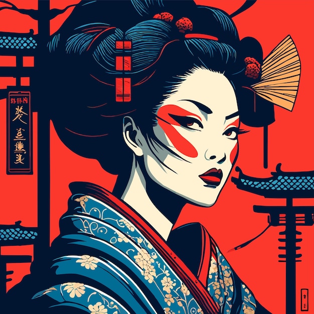 Geisha japan samurai meisje met de hand getekend platte stijlvolle cartoon sticker icoon concept geïsoleerde illustratie