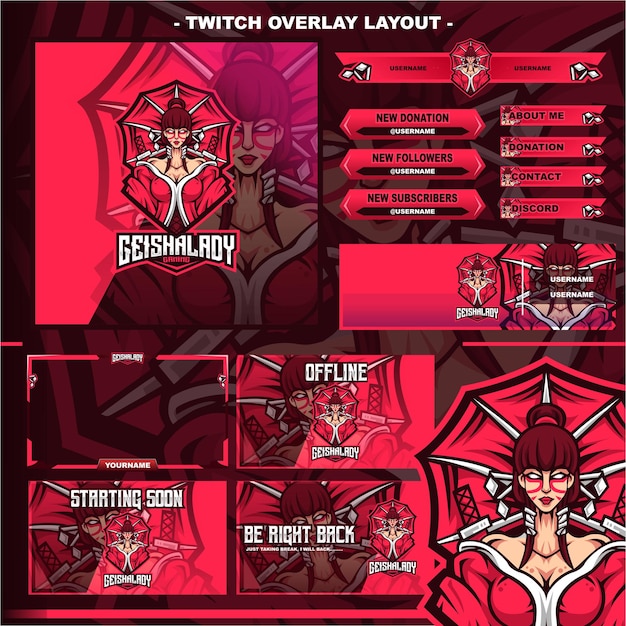 Geisha Lady Gaming lay-outontwerp streamer twitch logo karakter