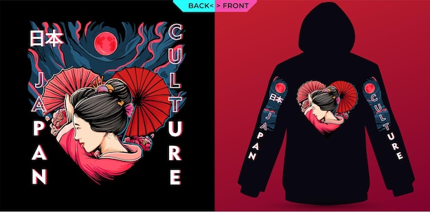 Vector geisha love and red moon themed japanese culture in hoodie