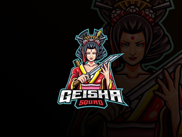 Logo esport della mascotte geisha. logo mascotte ragazza giapponese. mascotte geisha con arma, per la squadra di esport.