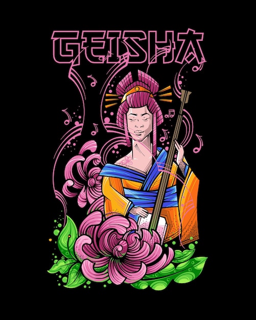 Geisha playing shamisen in japanese illustration style