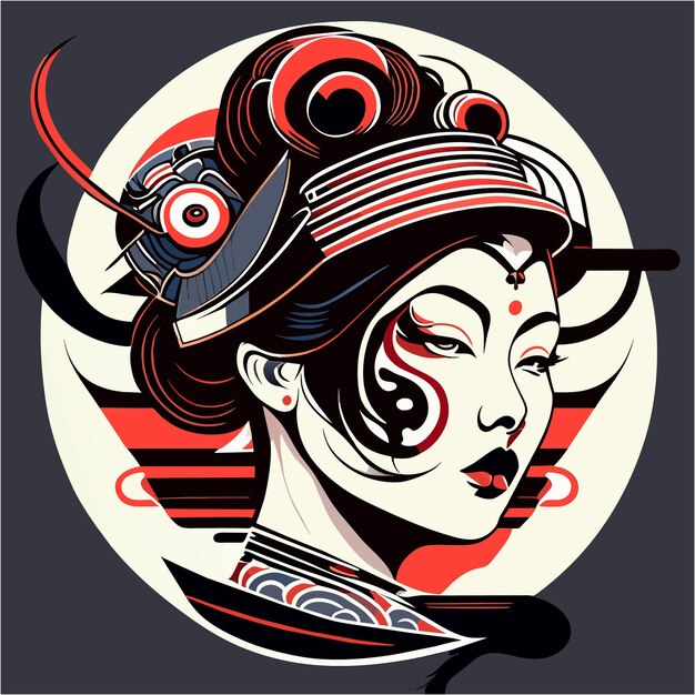 Vector geisha's charm in ukiyoe and abstract fusion tattoo