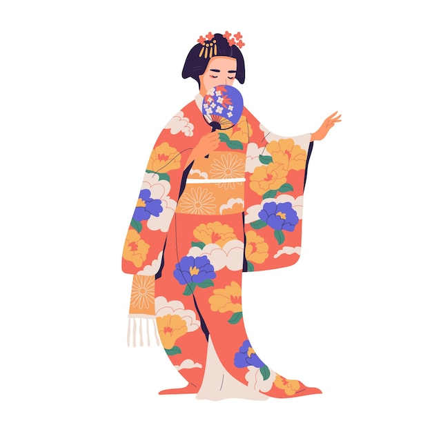 Вектор Гейша стоит с веером в красочном кимоно. японка с традиционной прической в национальном костюме. япония женский персонаж. цветная плоская векторная иллюстрация на белом фоне.