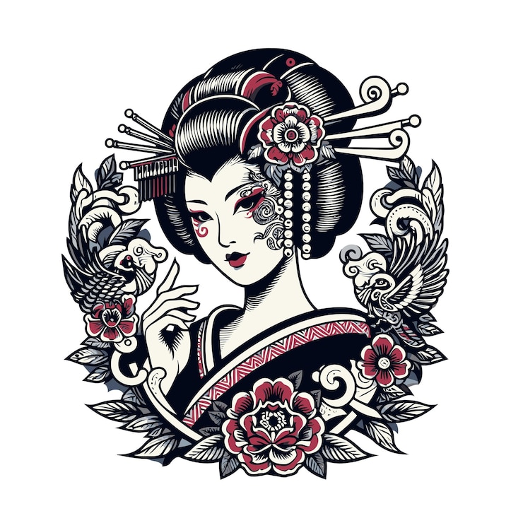 Vector geisha tatoeage japanse cartoon vector illustratie