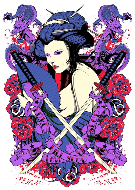 Vector geisha with crossed swords on flourish background