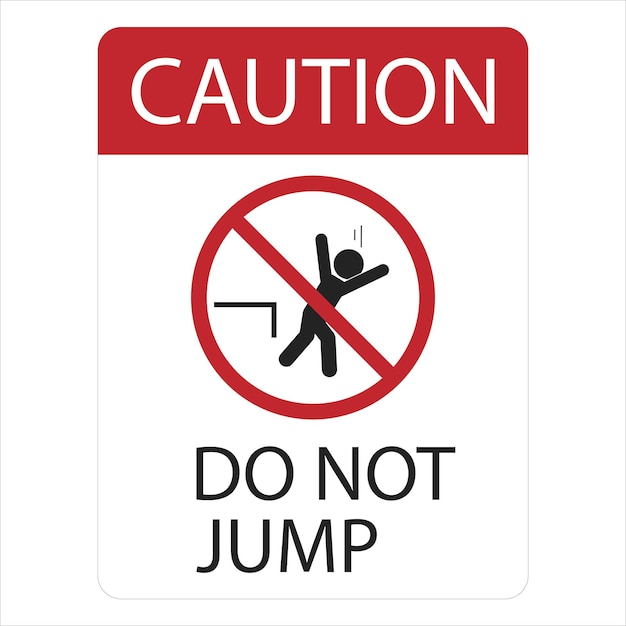 Geïsoleerd etiket teken man springen van de rand gevaar hoog platform val risico springen is verboden