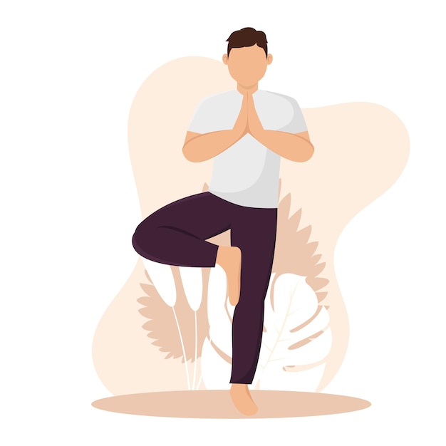 Vector geïsoleerd mannelijk karakter dat yoga doet. vectorillustratie