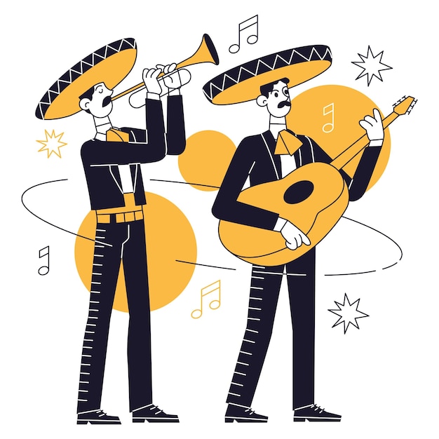 Vector geïsoleerd paar mannelijke karakters die het concept van de mariachimuziek spelen