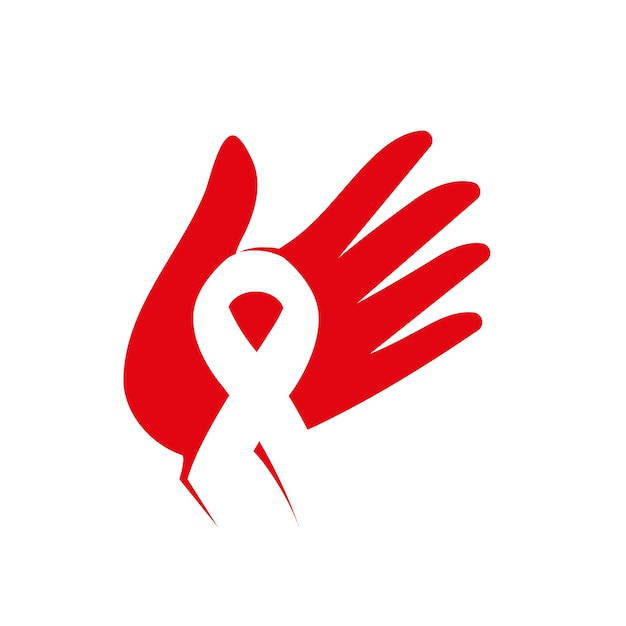 Geïsoleerd wit lint in rode menselijke hand ziekte bewustzijn wereld aids dag concept stop virus icon