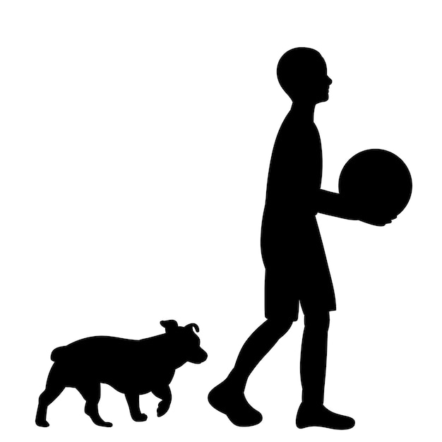 Geïsoleerd zwart silhouet van een kind dat met een hond loopt