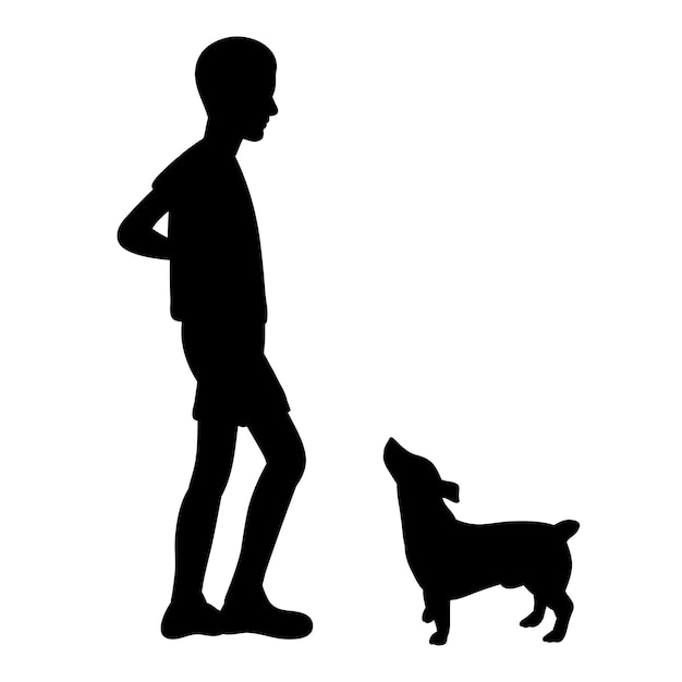 Geïsoleerd zwart silhouet van een kind dat met een hond speelt