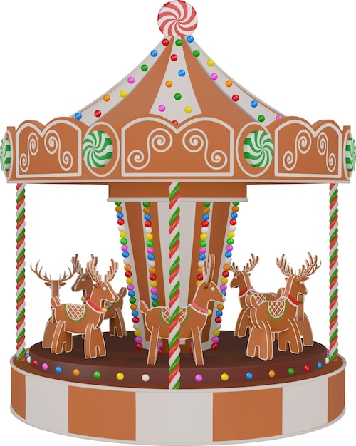 geïsoleerde 3D gemberbrood carrousel kerst carousel met koekjes en snoep