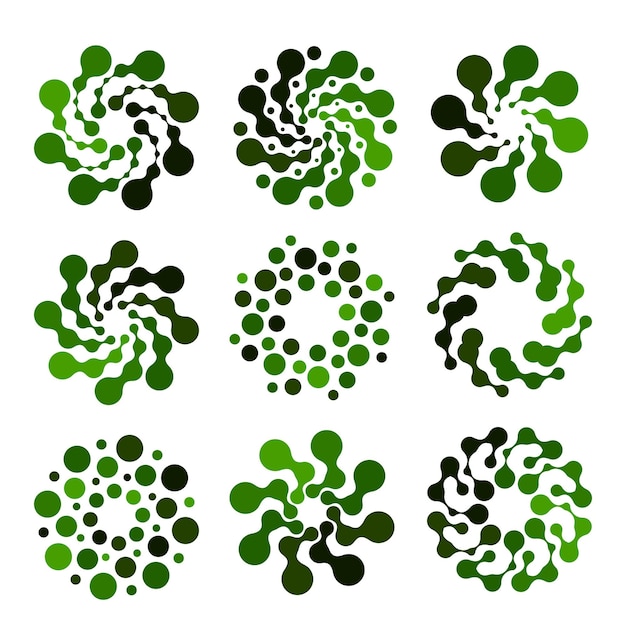 Vector geïsoleerde abstracte groene kleur ronde vorm logo ingesteld op witte achtergrond eenvoudige platte gestippelde swirl logo collectie bloem vectorillustratie