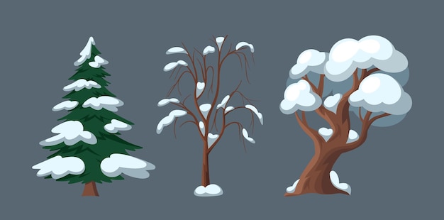 Geïsoleerde besneeuwde bomen staan stil tegen een ongerepte winterachtergrond. Hun takken zijn versierd met glinsterende vorst en creëren een serene en betoverende winterwonderland cartoon vectorillustratie