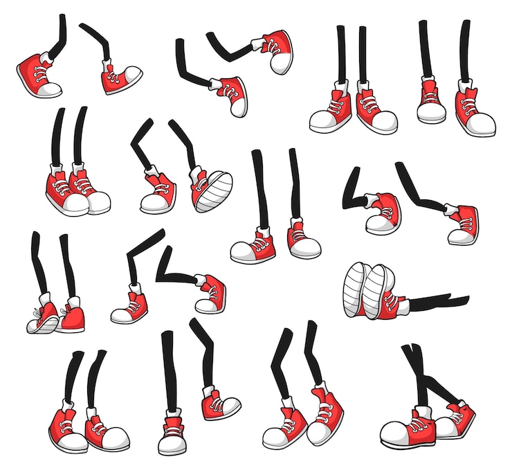 Vector geïsoleerde cartoon benen, komische voet in rode sportschoenen. vectorstokvoeten in sneakers lopen, staan en springen, rennen, liegen, vallen naar beneden. geïsoleerd been, voet lichaamsdelen voorkant, zijkant, achteraanzicht, ledemaat in schoeisel