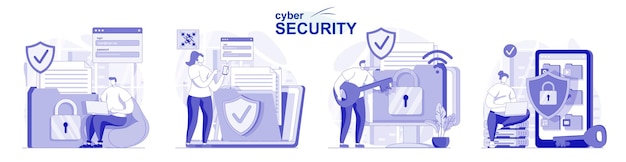Geïsoleerde cyberbeveiliging in plat ontwerp mensen die een veiligheidsaccount gebruiken, hebben toegang tot online bescherming