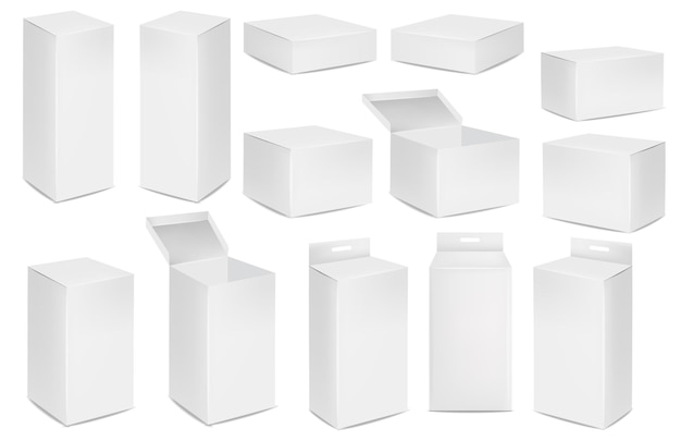 Geïsoleerde dozen verpakking, realistische geïsoleerde witte pakset, vectorillustratie, cosmetica dozen