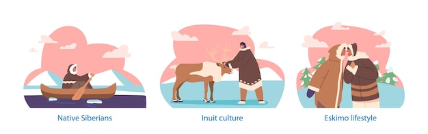 Vector geïsoleerde elementen met eskimo-personages rijden met kano's neuzen strelen rendieren inuit mensen levensstijl scènes van veerkrachtig cultureel erfgoed en tradities cartoon vectorillustratie