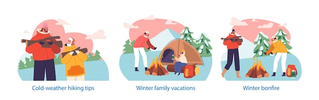 Vector geïsoleerde elementen met familiekarakters op vakantie op winterkamperen met gezellig kampvuur mensen creëren blijvende herinneringen in het serene winterwonderland koud weer wandelen cartoon vectorillustratie