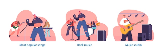 Geïsoleerde elementen met rockgroeppersonages die concert op het podium uitvoeren elektrische gitaristen drummer zanger pianospeler artiesten in rockoutfit muziek spelen cartoon mensen vector illustratie