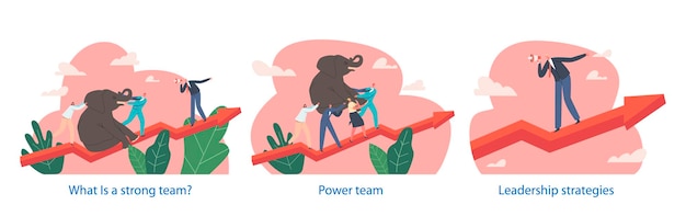 Geïsoleerde elementen met sterke krachtige teamkarakters verenigen zich om een olifant op te tillen die de kansen trotseert en verwachtingen overtreft terwijl ze opstijgen op de pijlgrafiek Cartoon mensen vectorillustratie