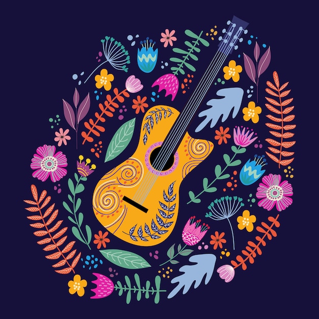 Geïsoleerde gitaar en heldere tropische bladeren en bloemen. hand tekenen folk platte doodles vector