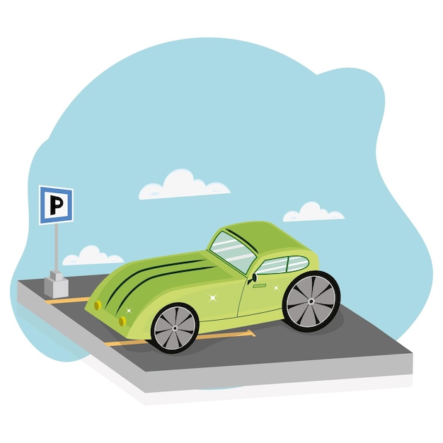 Vector geïsoleerde groene 3d auto op een parkeerplaats vectorillustratie