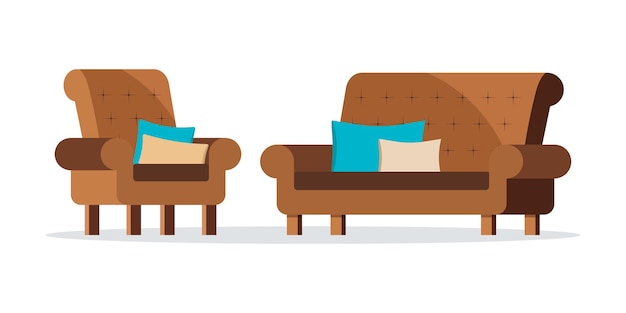 Geïsoleerde iconen van bruine kleur leer zachte bank en fauteuil set geïsoleerd op een witte achtergrond met decoratieve kussens. collectie woonkabinet meubelen. vector illustratie. platte cartoonontwerp.