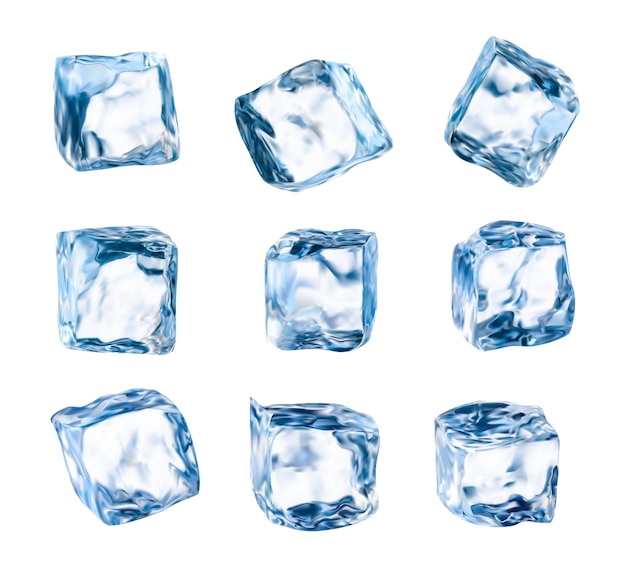 Geïsoleerde ijsblokjes, realistische kristallen ijsblokken, transparante stukken op witte achtergrond. 3D-vector blauw ijs voor drankkoeling, vierkante bevroren waterblokken voor alcohol- of cocktaildranken