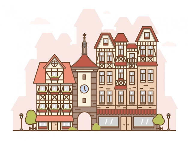 Vector geïsoleerde illustratie van een straat van een duitse stad in vlakke stijl. straat met historische gotische architectuur en attracties. kapel met een boog, boetieks en winkels. reis naar europa