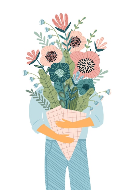 Geïsoleerde illustratie van man met boeket bloemen vector design concept voor valentijnsdag en andere