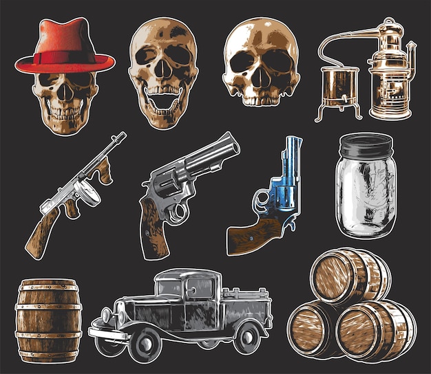 Geïsoleerde illustraties set - schedels, pistool, pistolen, maneschijn pot, bootlegger's truck, distilleerder, vaten