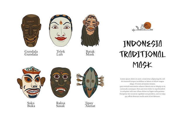 Geïsoleerde Indonesische traditionele maskercultuur handgetekende illustratie ontwerpinspiratie