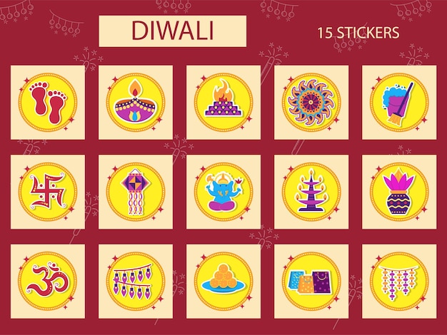 Geïsoleerde kleurrijke Diwali-stickers op rode en gele achtergrond