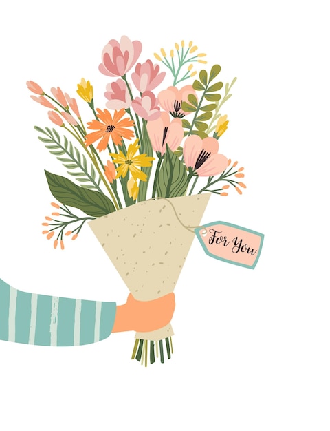 Geïsoleerde llustration boeket bloemen in de hand Vector design concept voor Valentijnsdag en andere