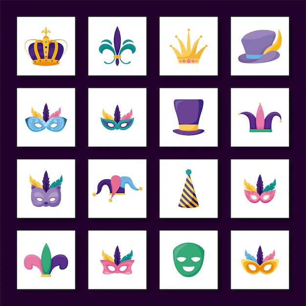 Geïsoleerde mardi gras carnaval pictogrammenset binnen frames