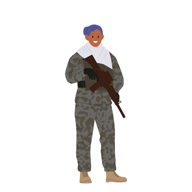 Geïsoleerde professionele militaire vrouwelijke soldaat cartoon personage in camouflage met een geweer in de hand